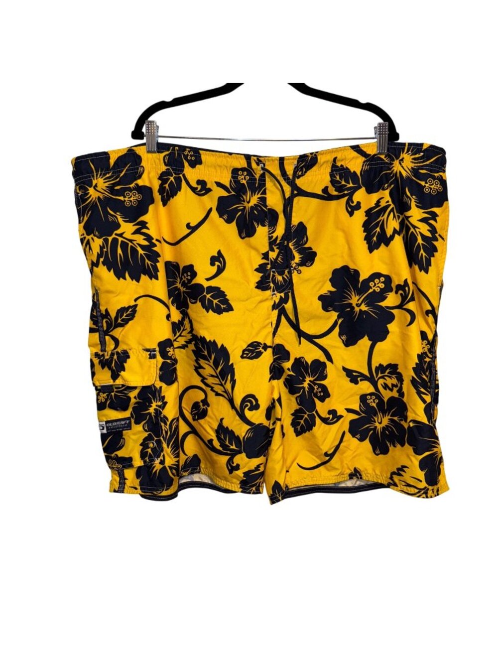 Old Navy XXL Yellow & Black Hawaiian Floral Swim Trunks With Cargo Pockets